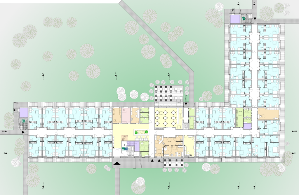 Floor plan of care facility - Assisted living integrated KFW Efficiency House 40 - Straw clay construction method